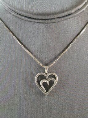 Womens Vintage Estate Sterling Silver Diamond Heart Pendant Necklace 6.2g E6163
